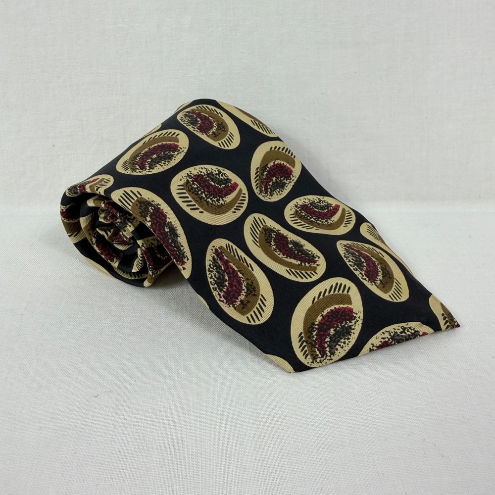 Geoffrey Beene Tie Mens Black Gold Burgundy Abstract Medallion Silk Made in USA